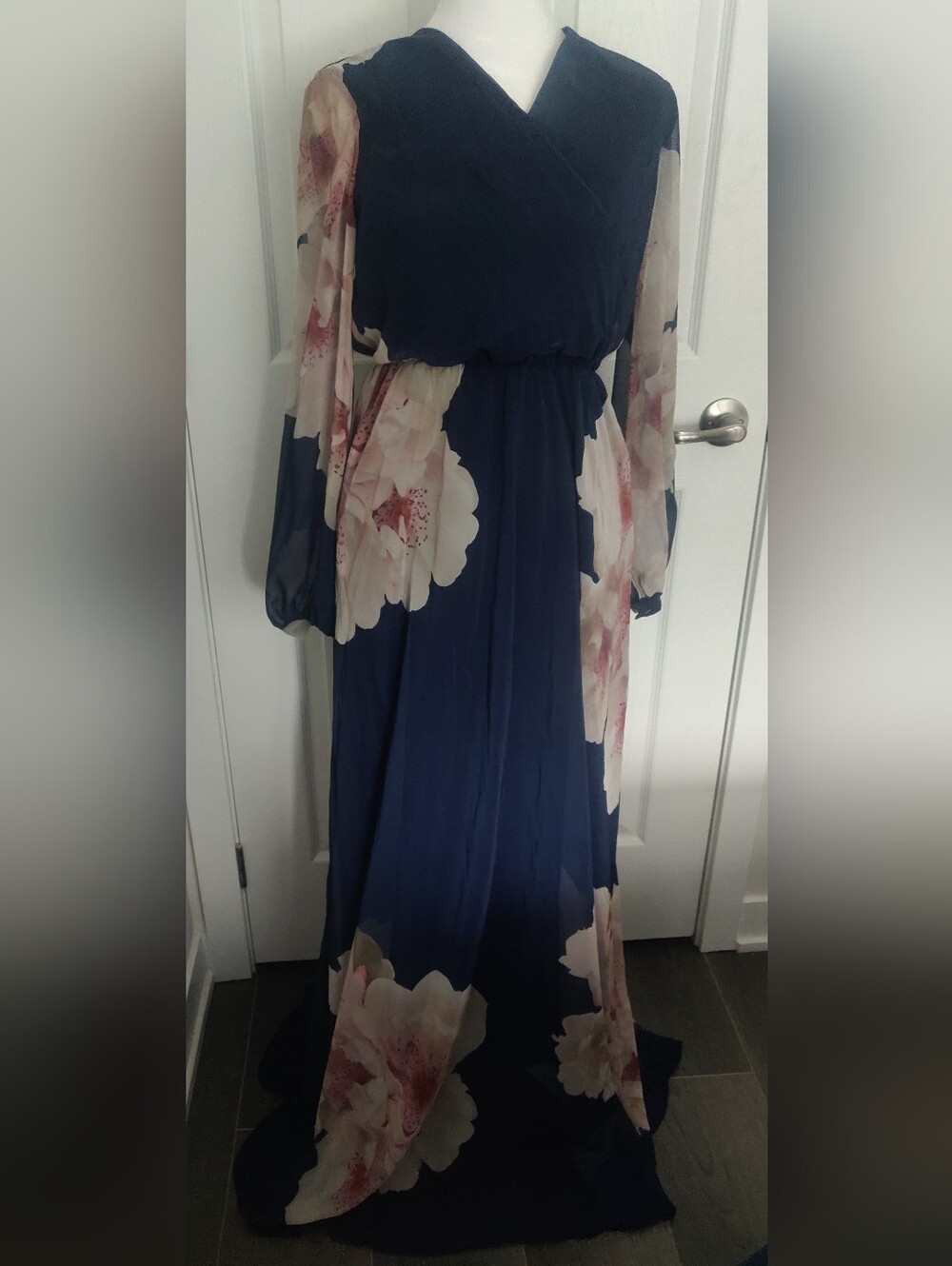 Navy Floral Long-Sleeve Maxi Dress with Blush Blooms